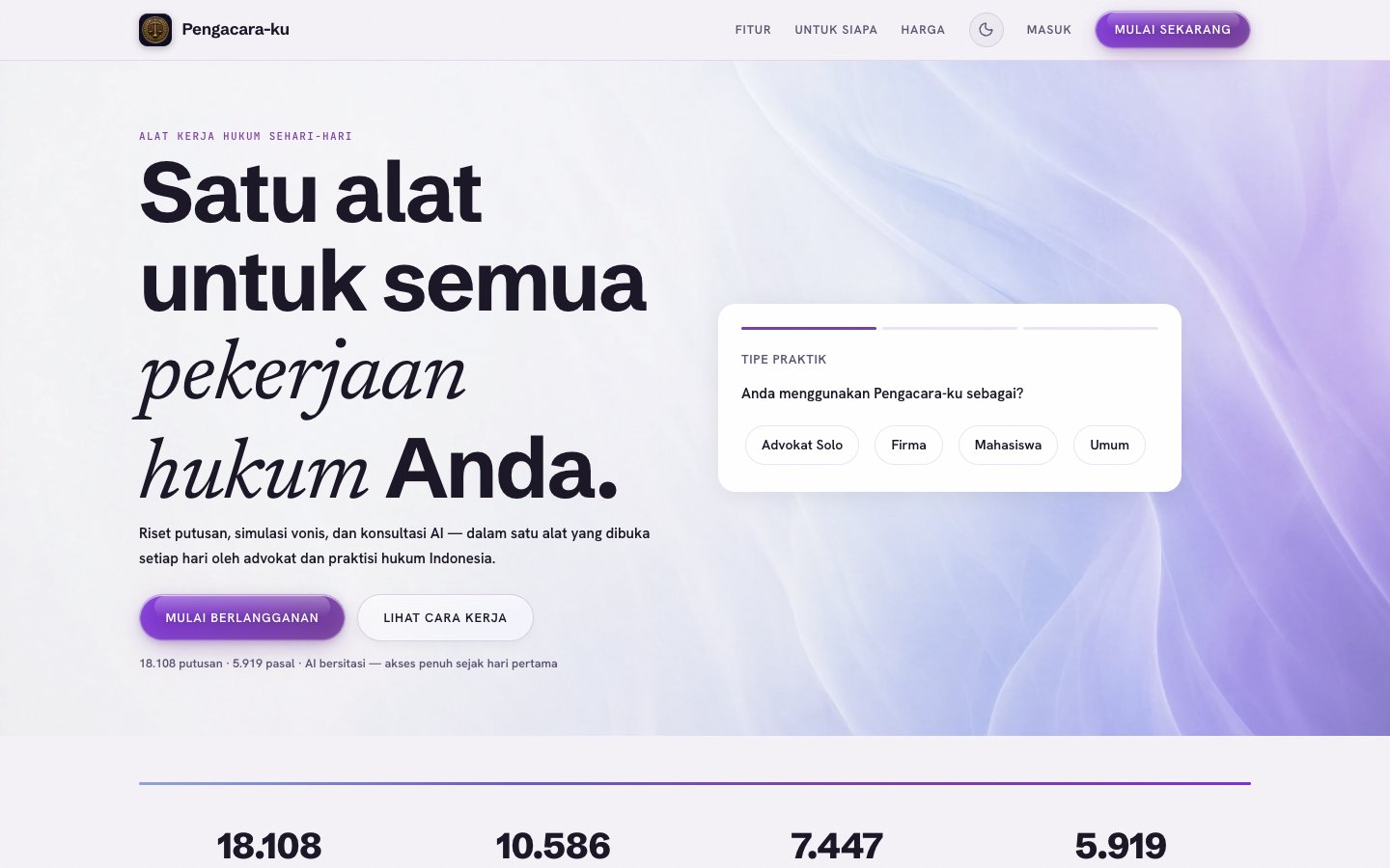 Pengacara-ku legal research interface showing Indonesian court citation results