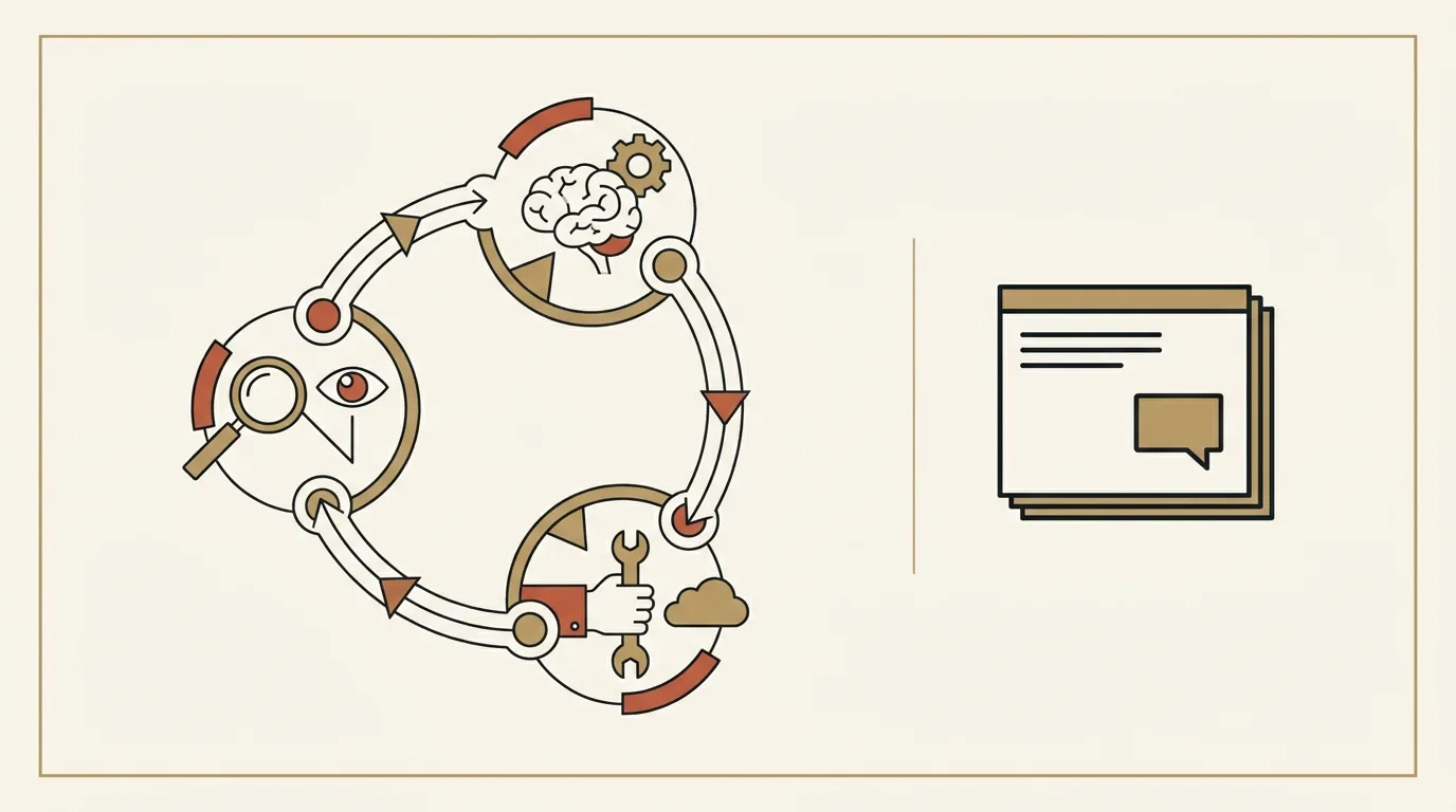 Ilustrasi AI agent otonom dengan loop observe-decide-act dibanding chatbot statis