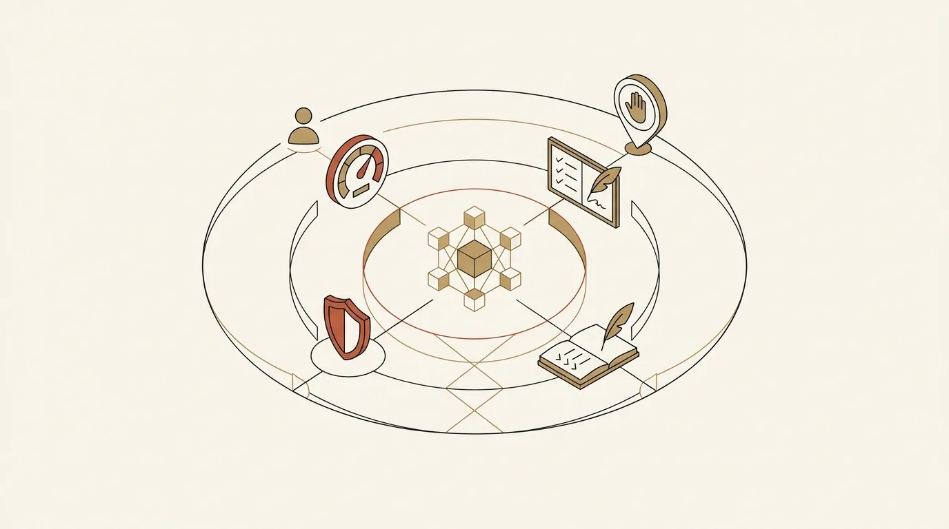 Ilustrasi AI agent dengan lapisan governance: shield, audit trail, observability, human-in-the-loop