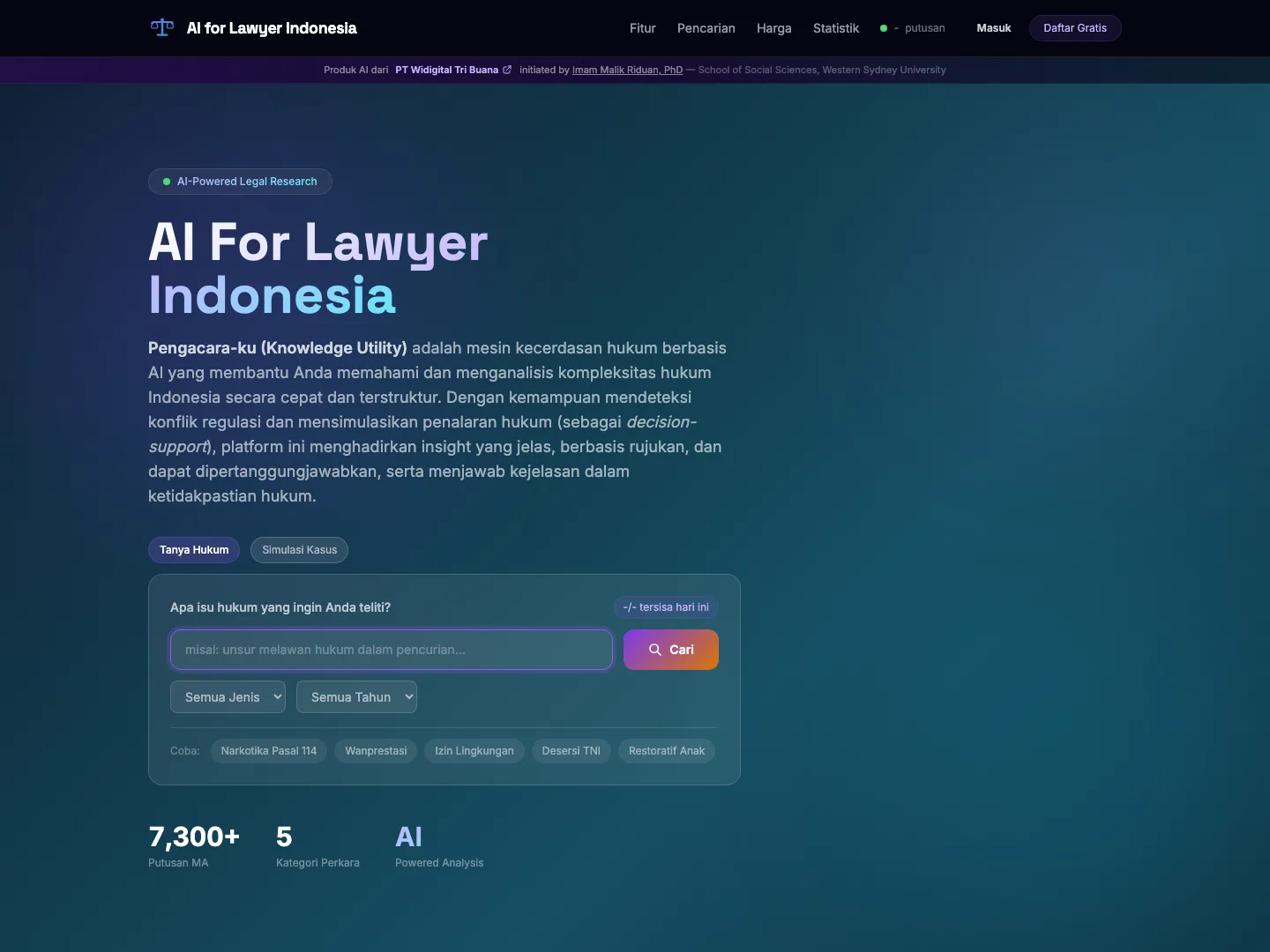 Pengacara-ku interface: AI legal research with hybrid search and a corpus of 18,000+ Indonesian court rulings